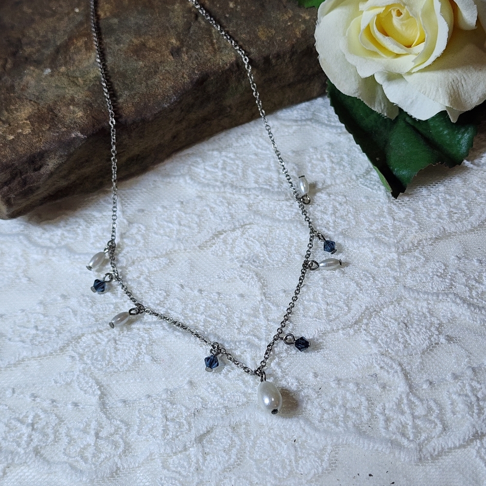 Dainty Silver Toned Faux Dangle Pearl Necklace With Blue Crystal Glass Beads